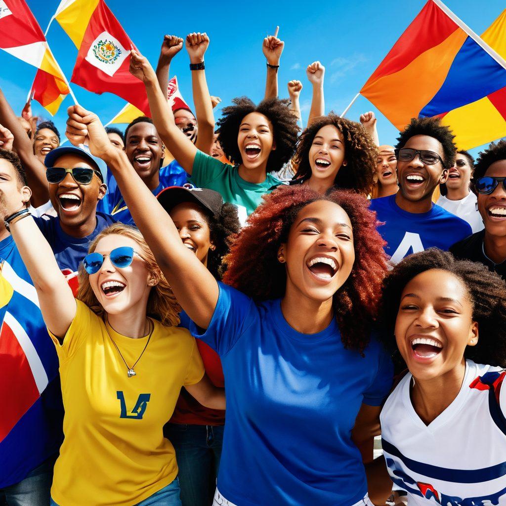 A vibrant, energetic scene showcasing a diverse group of people wearing a mix of stylish apparel and accessories that reflect their team colors and logos. Capture joyful expressions as they cheer together, surrounded by colorful banners and flags that symbolize unity and team spirit. Include a sunny atmosphere with bright blue skies to enhance the feeling of celebration and pride. Illustrate a dynamic background with hints of a sports event or festival. super-realistic. vibrant colors. cheerful ambiance.