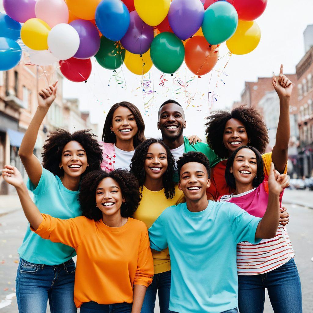 A diverse group of friends joyfully wearing colorful, matching outfits that symbolize teamwork and unity, standing in a circle with their arms around each other's shoulders. The background features a vibrant cityscape, symbolizing community and togetherness, while balloons and confetti float through the air to create a festive atmosphere. Super-realistic. Vibrant colors. White background.