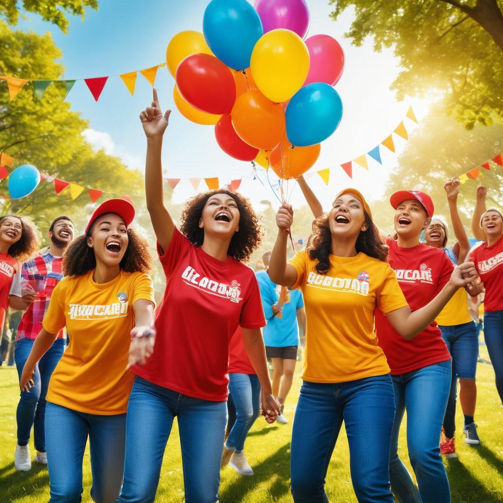 A lively team gathering in a colorful park, showcasing diverse team members wearing vibrant matching gear like jerseys and caps with fun logos. Balloons and banners in the background add a festive atmosphere, while activities like a tug-of-war and a picnic unfold. Bright sunlight illuminates joyful faces, creating a sense of camaraderie and excitement. vector art. vibrant colors. cheerful and lively atmosphere.